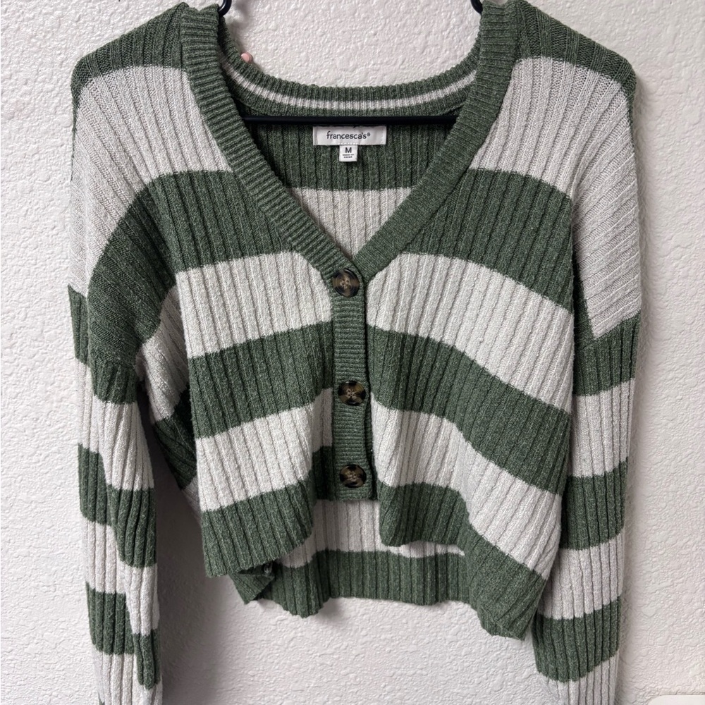 Francesca's Collections Green and White Striped Cardigan